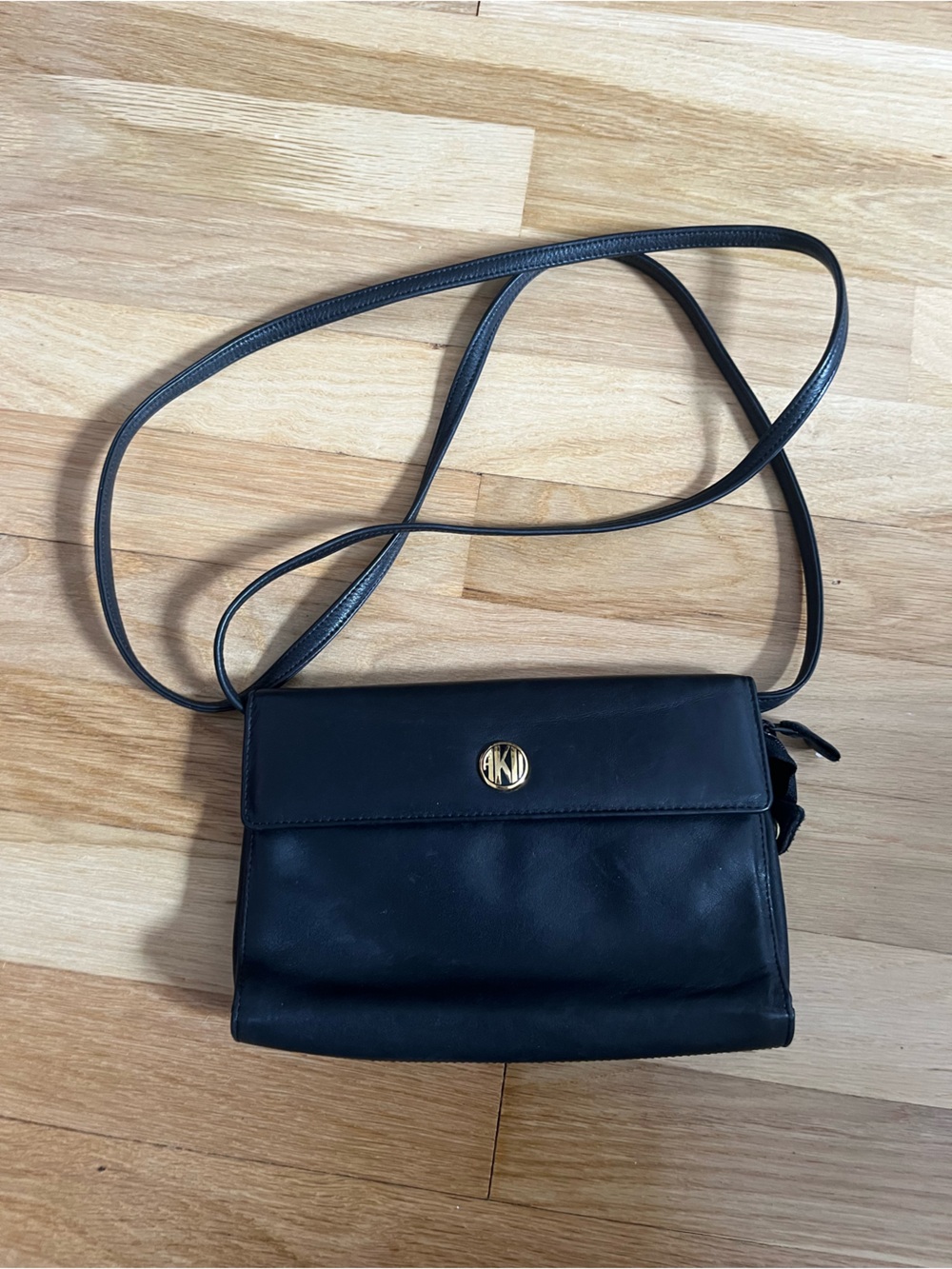 Anne Klein 11 Vintage Leather Black Mini Crossbody with Mirror Gold Hardware